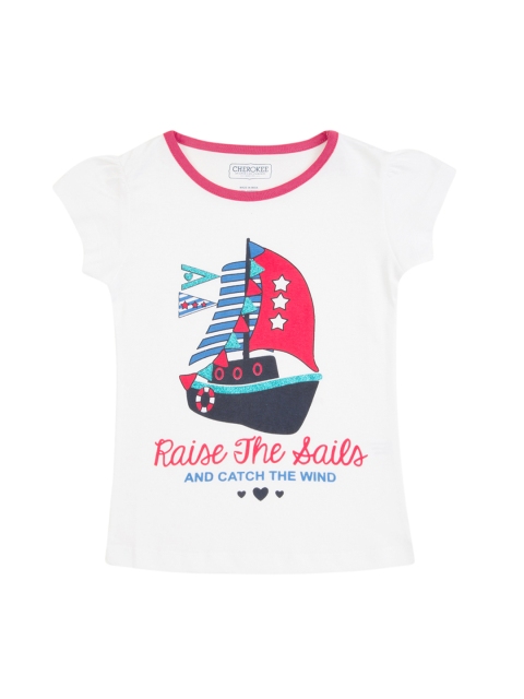 

Cherokee Girls White & Pink Printed Round Neck T-shirt