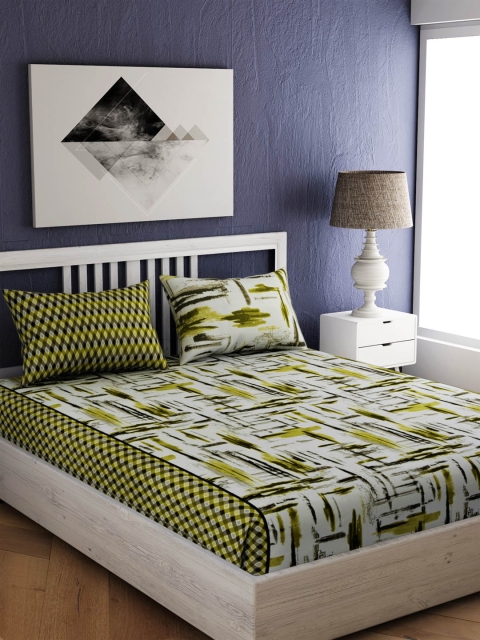 EverHOME Green Abstract 300 TC Cotton 1 King Bedsheet with 2 Pillow Covers