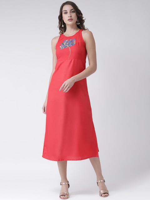 

SIAH Women Coral Red Floral Foil Printed A-Line Ethnic Dress