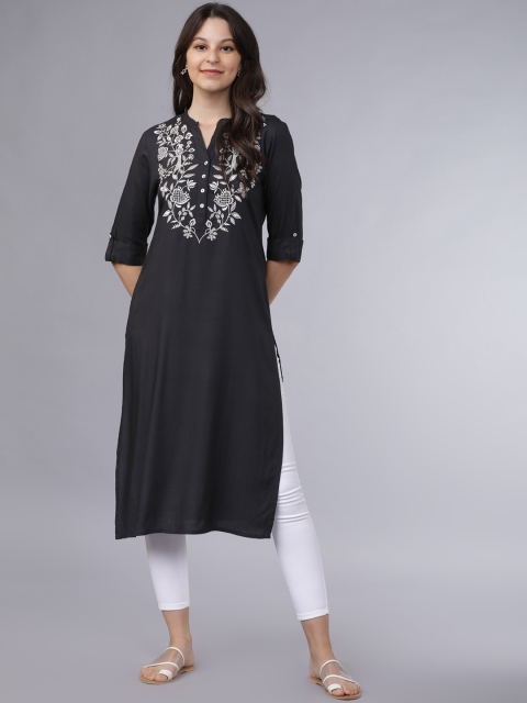 

Vishudh Women Black & White Yoke Design Straight Kurta