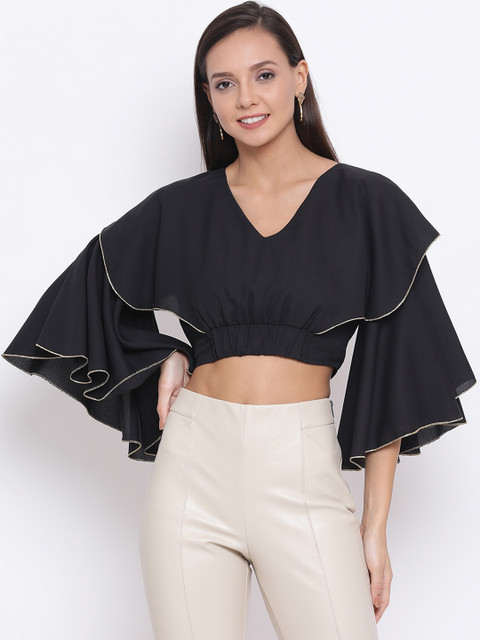 

ALL WAYS YOU Women Black Solid Blouson Crop Top