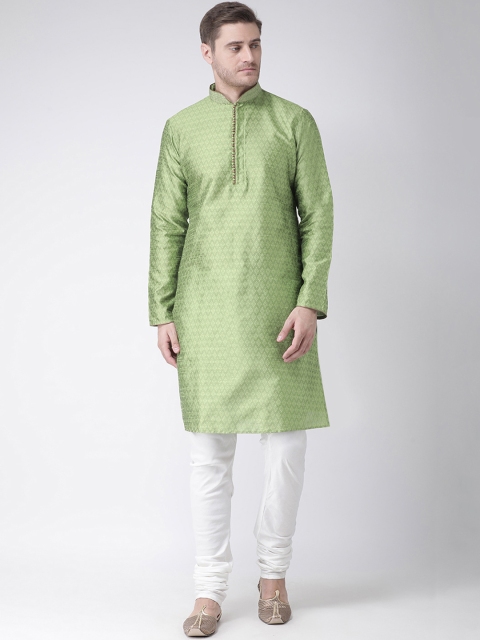 

Chitwan Mohan Men Green & White Self Design Kurta with Churidar