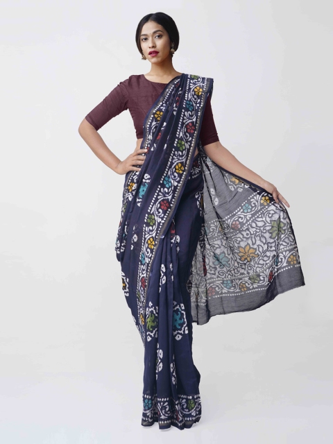 

Unnati Silks Navy Blue Silk Cotton Printed Chanderi Saree