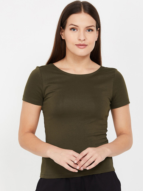 

Ginger by Lifestyle Women Olive Green Solid Fitted Pure Cotton Top