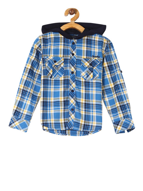 

Cherokee Boys Blue & White Regular Fit Checked Casual Hooded Shirt