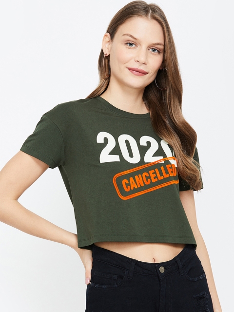 

Ginger by Lifestyle Women Olive Green Printed Round Neck T-shirt