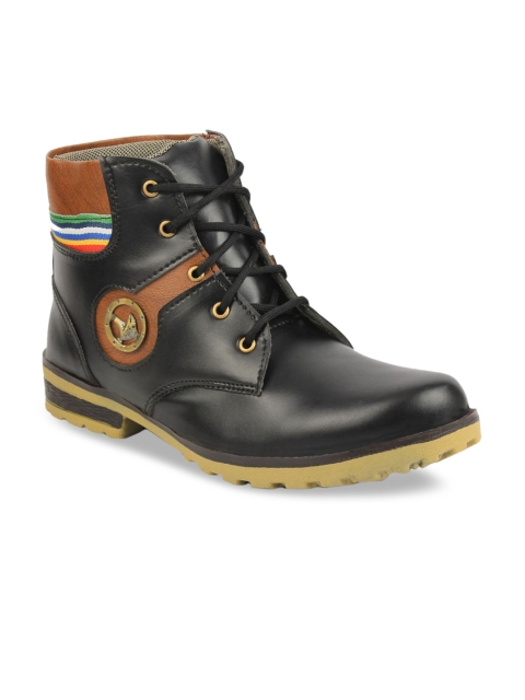

Fashion Victim Men Black & Brown Colourblocked Synthetic Leather Mid-Top Flat Boots