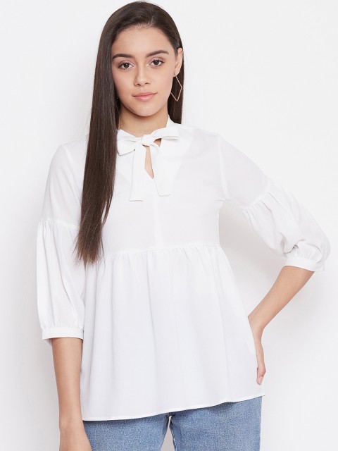 

One of a Kind Women White Solid Cinched Waist Top