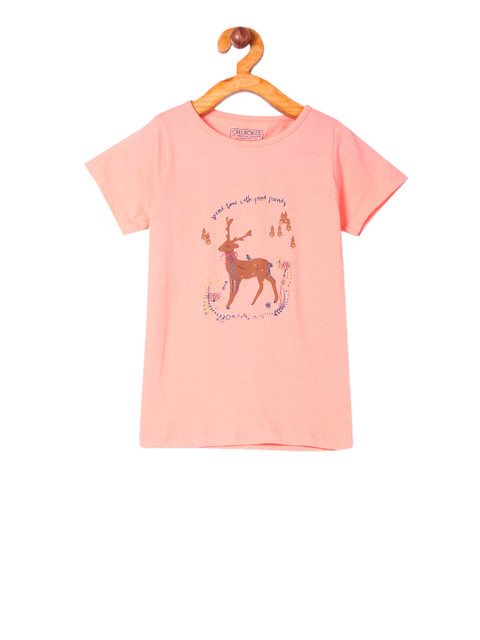 

Cherokee Girls Peach-Coloured Printed Round Neck T-shirt