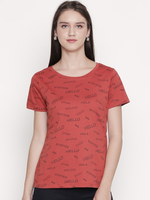 

Honey by Pantaloons Women Orange Printed Round Neck Pure Cotton T-shirt