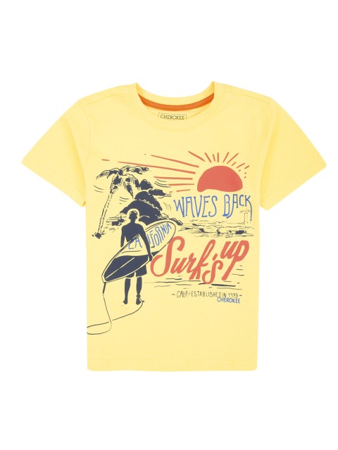 

Cherokee Boys Yellow & Navy Blue Printed Round Neck T-shirt