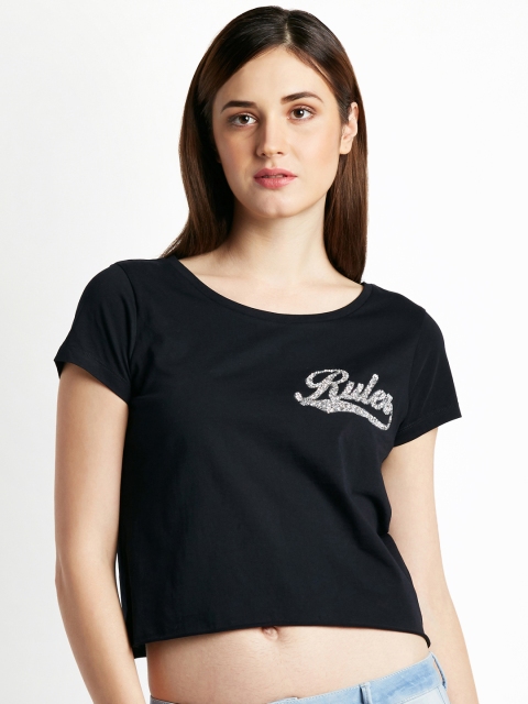 

SF JEANS by Pantaloons Women Black Solid Round Neck Crop T-shirt