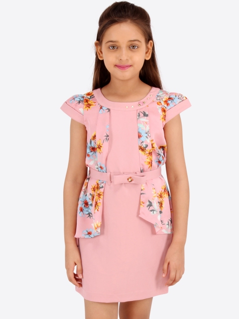 

CUTECUMBER Girls Salmon Pink & Blue Floral Printed Sheath Dress