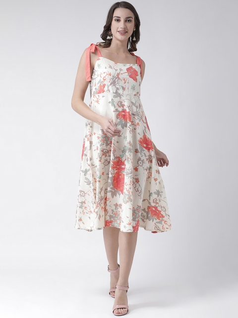 

SIAH Women Off-White & Coral Pink Floral Printed Empire Dress