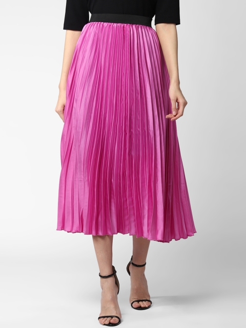 

StyleStone Women Fuchsia Pink Solid Pleated Flared Midi Skirt