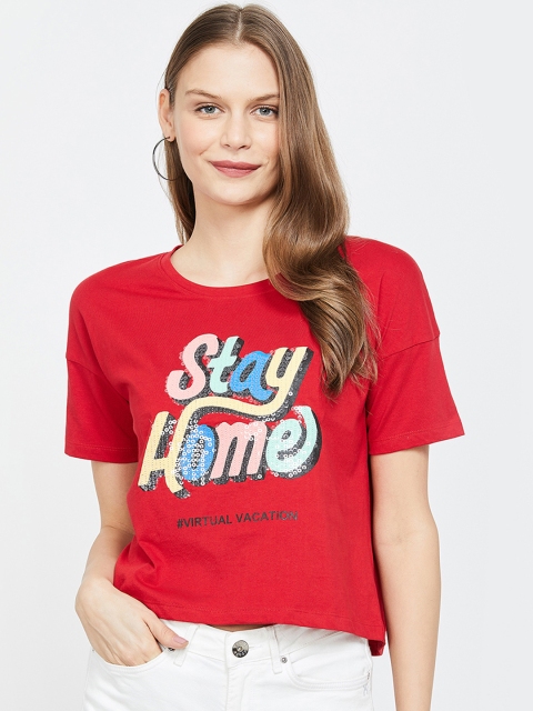 

Ginger by Lifestyle Women Red Printed Round Neck T-shirt