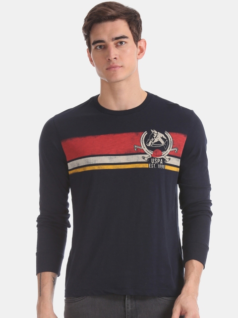 

U.S. Polo Assn. Men Navy Blue Striped Round Neck Pure Cotton T-shirt