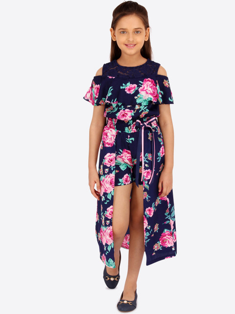 

CUTECUMBER Girls Navy Blue & Pink Floral Print Fit and Flare Dress