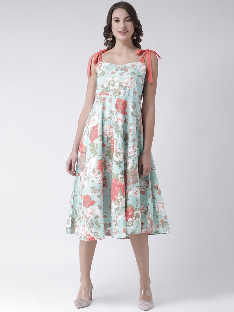 

SIAH Women Turquoise Blue & Coral Pink Floral Printed Fit and Flare Dress