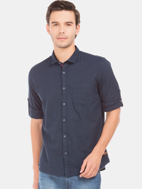 

Cherokee Men Blue Regular Fit Solid Cotton-Linen Casual Shirt