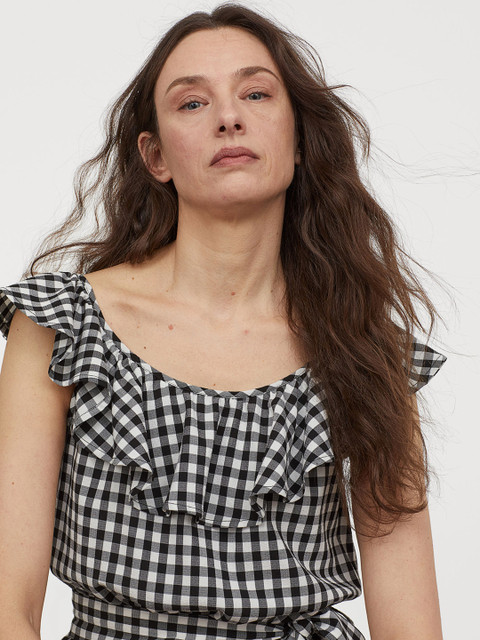 

H&M Women Black & White Checked Flounce-Trimmed Playsuit