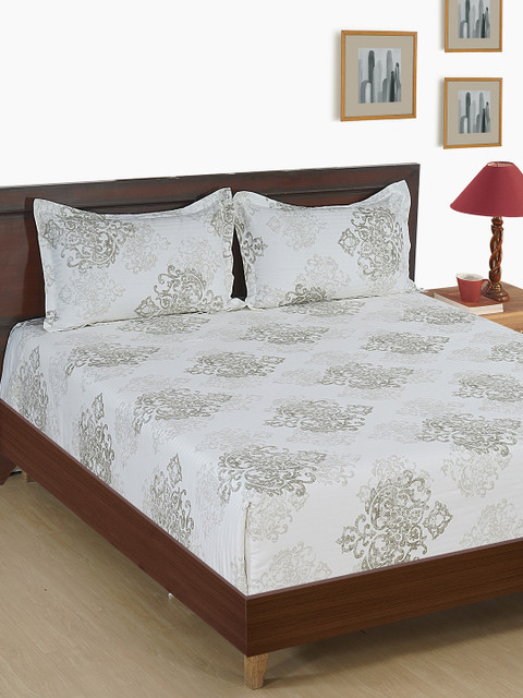 

SWAYAM White & Green Ethnic Motifs 250 TC Cotton 1 King Bedsheet with 2 Pillow Covers
