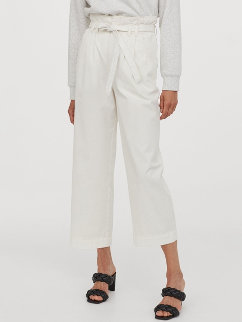 

H&M Women White Twill Paper Bag Trousers