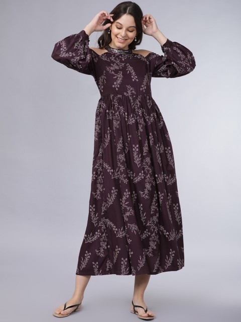 

Vishudh Women Mauve & Silver Floral Printed A-Line Dress