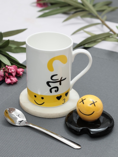 

JCPL White & Yellow Cute Smiley Printed Porcelain Mug With Lid & Spoon