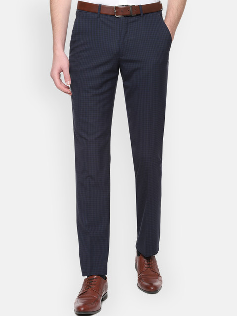 

Louis Philippe Men Navy Blue & Beige Slim Fit Checked Formal Trousers