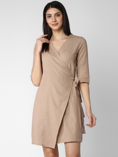 

StyleStone Women Beige Solid Linen Wrap Dress