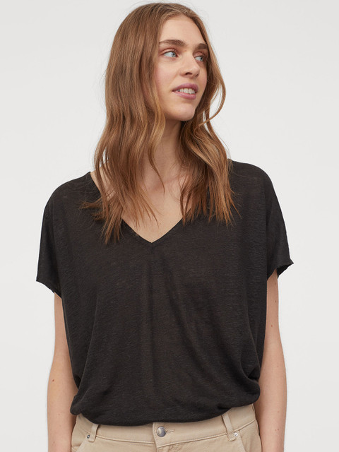 

H&M Women Black Solid V-Neck Linen T-shirt