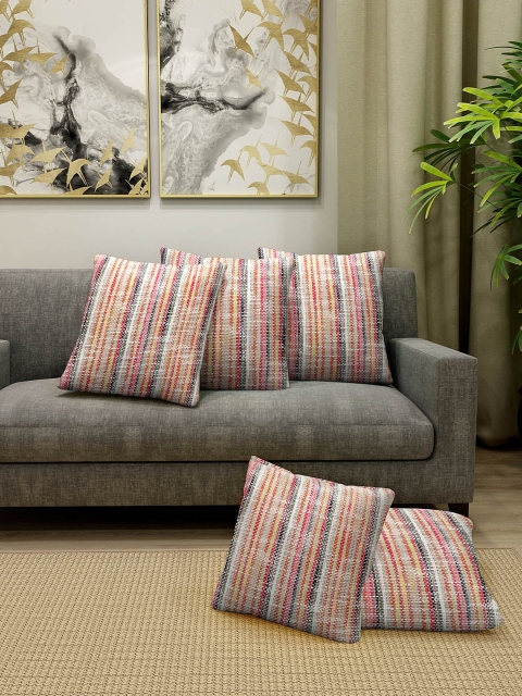

KLOTTHE Beige & Off-White Set of 5 Self Design Square Cushion Covers