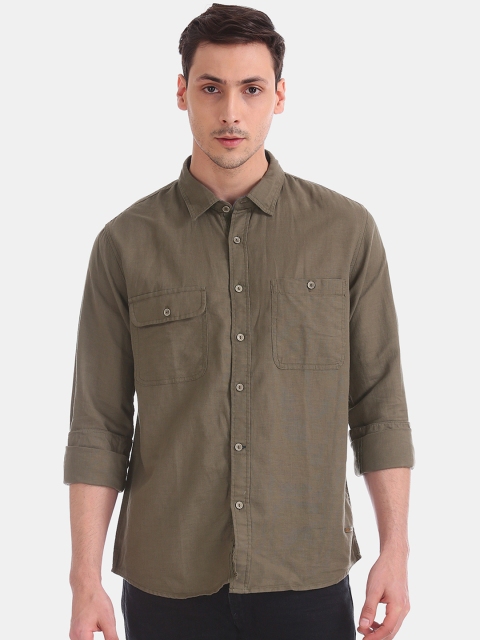 

Cherokee Men Olive Green Regular Fit Solid Casual Linen Shirt