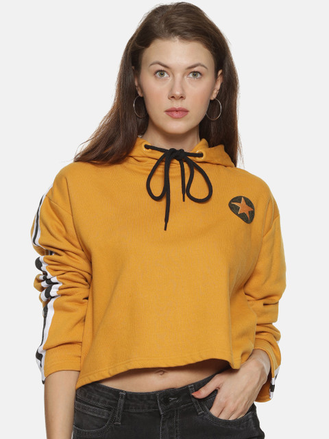 

Campus Sutra Women Mustard Yellow Solid Hooded Sweatshirt