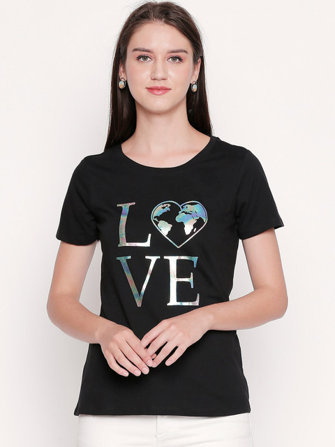 

Honey by Pantaloons Women Black & Blue Printed Round Neck T-shirt