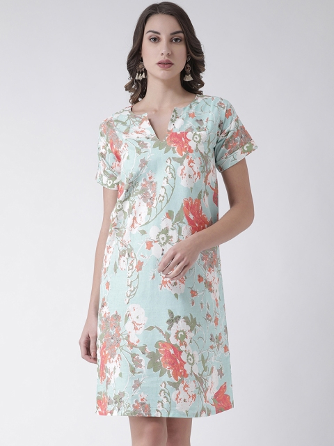 

SIAH Women Turquoise Blue & Coral Pink Floral Printed Sheath Dress