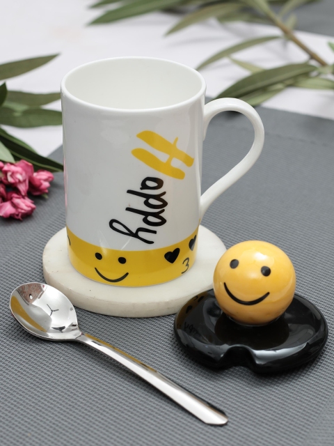 

JCPL Set Of 2 White & Yellow Printed Happy Smiley Mugs With Lid & Spoon