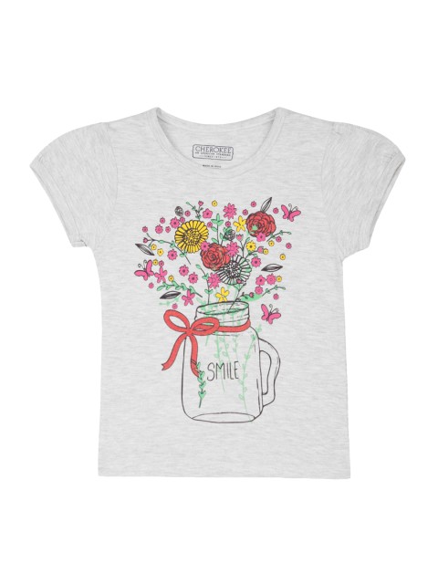 

Cherokee Girls Grey & Pink Floral Printed Round Neck T-shirt