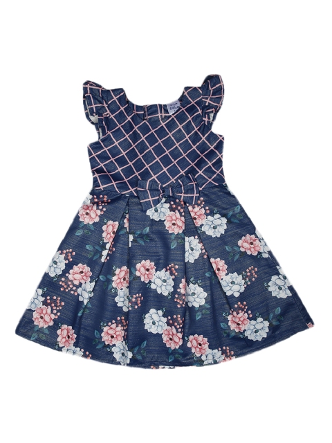 

Doodle Girls Navy Blue & Pink Floral Printed A-Line Dress