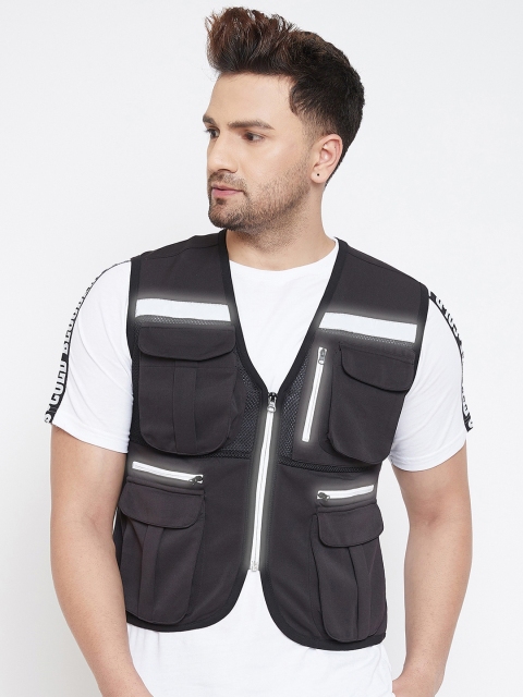 

FUGAZEE Men Black & White Solid Reflective Strip Sporty Jacket