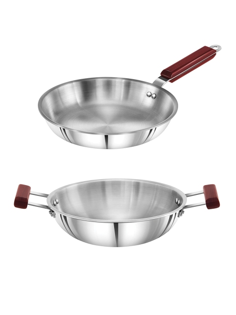 

Hawkins Silver-Toned & Red Tri-ply Stainless Steel Frying Pan & Kadhai