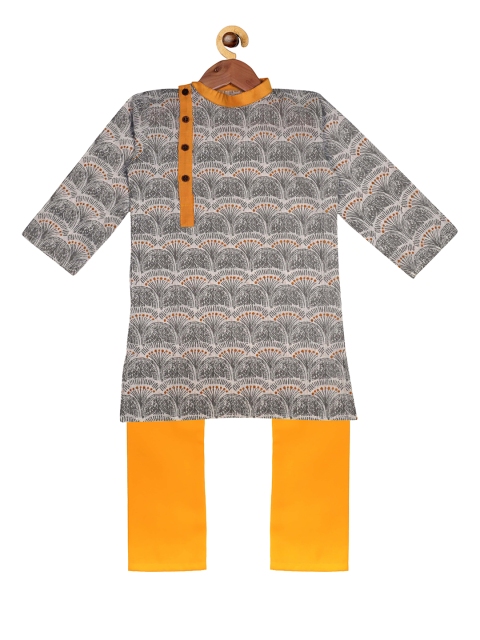 

SOULFULLY INDIAN Boys Grey & Yellow Printed Kurta with Pyjamas