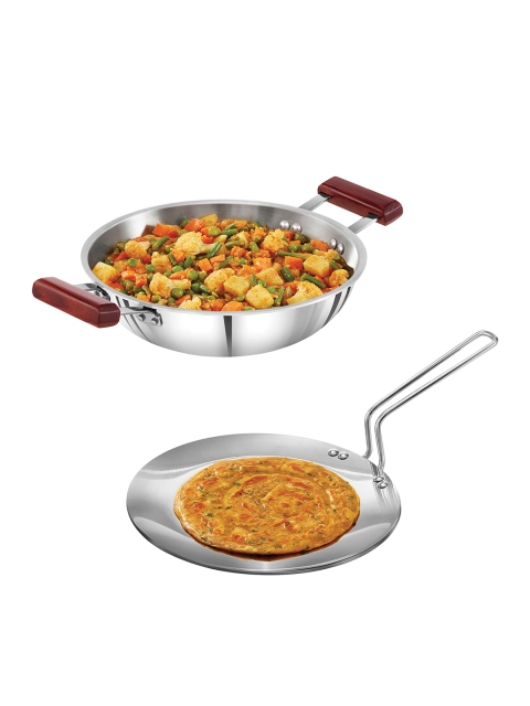

Hawkins Silver-Toned & Red Triply 3 mm Extra-Thick Stainless Steel Tawa & Kadhai