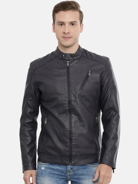 

SHOWOFF Men Navy Blue Solid Water Resistant Leather Jacket