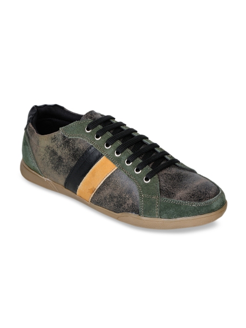 

Bruno Manetti Men Olive Green & Brown Striped Leather Sneakers