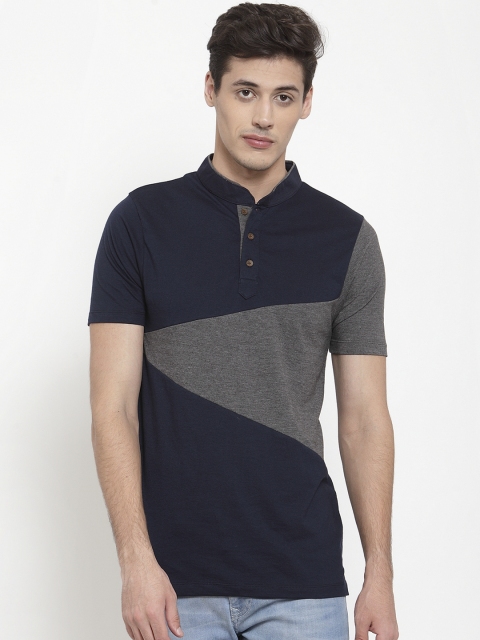 

Kalt Men Navy Blue & Grey Melange Colourblocked Mandarin Collar T-shirt