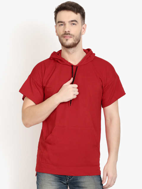 

PAUSE SPORT Men Red Solid Slim Fit Hood T-shirt