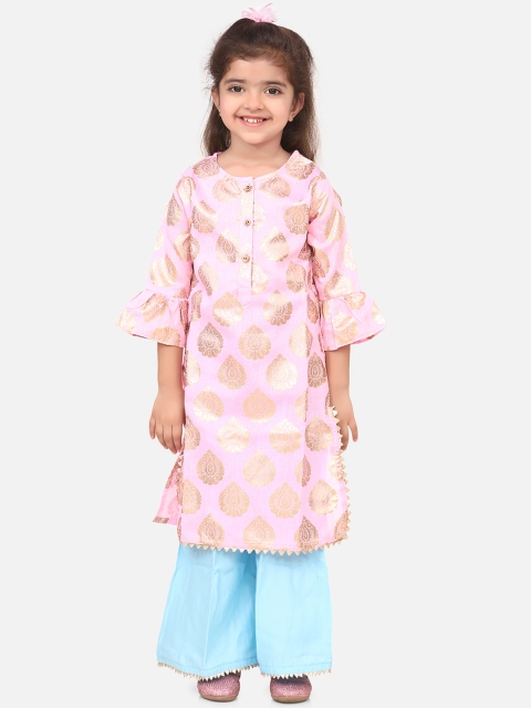 LilPicks Girls Pink & Turquoise Blue Printed Kurta with Palazzos