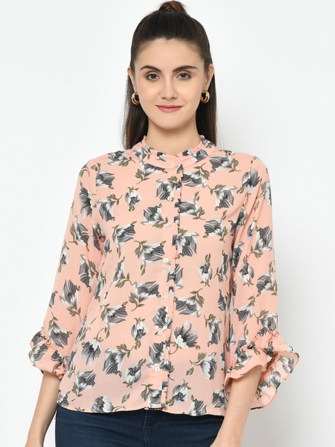 

Latin Quarters Women Peach-Coloured & Grey Printed Shirt Style Top